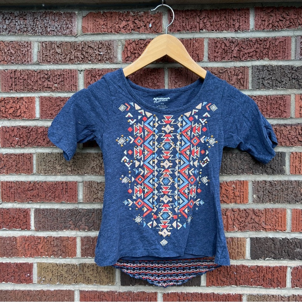Arizone Jeans Navy Blue and Orange Aztec Print Lace Back 3/4 Sleeve Top